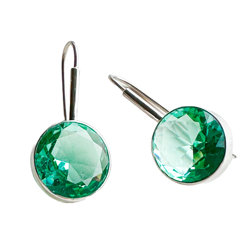 Coloured glass crystal bezel drop earrings - sea green