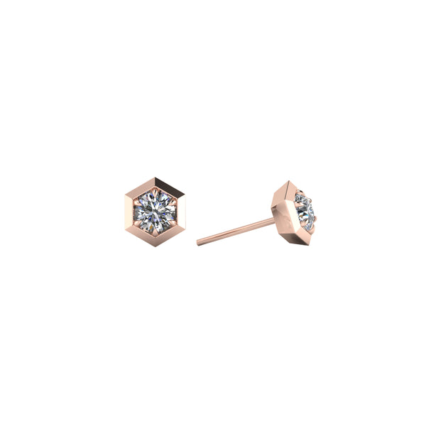 Six sides 14kt rose gold & white diamond stud earring